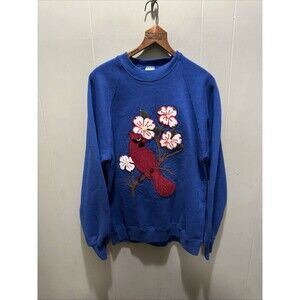 Vintage Jerzees Blue Sweatshirt Lonely Red Robin Iron On Patch Work Large 42-44